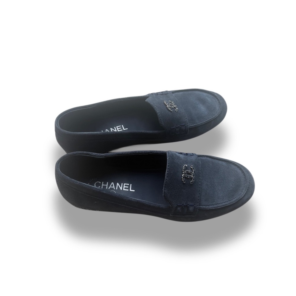 Chanel Navy Suede Logo Loafers - Women's